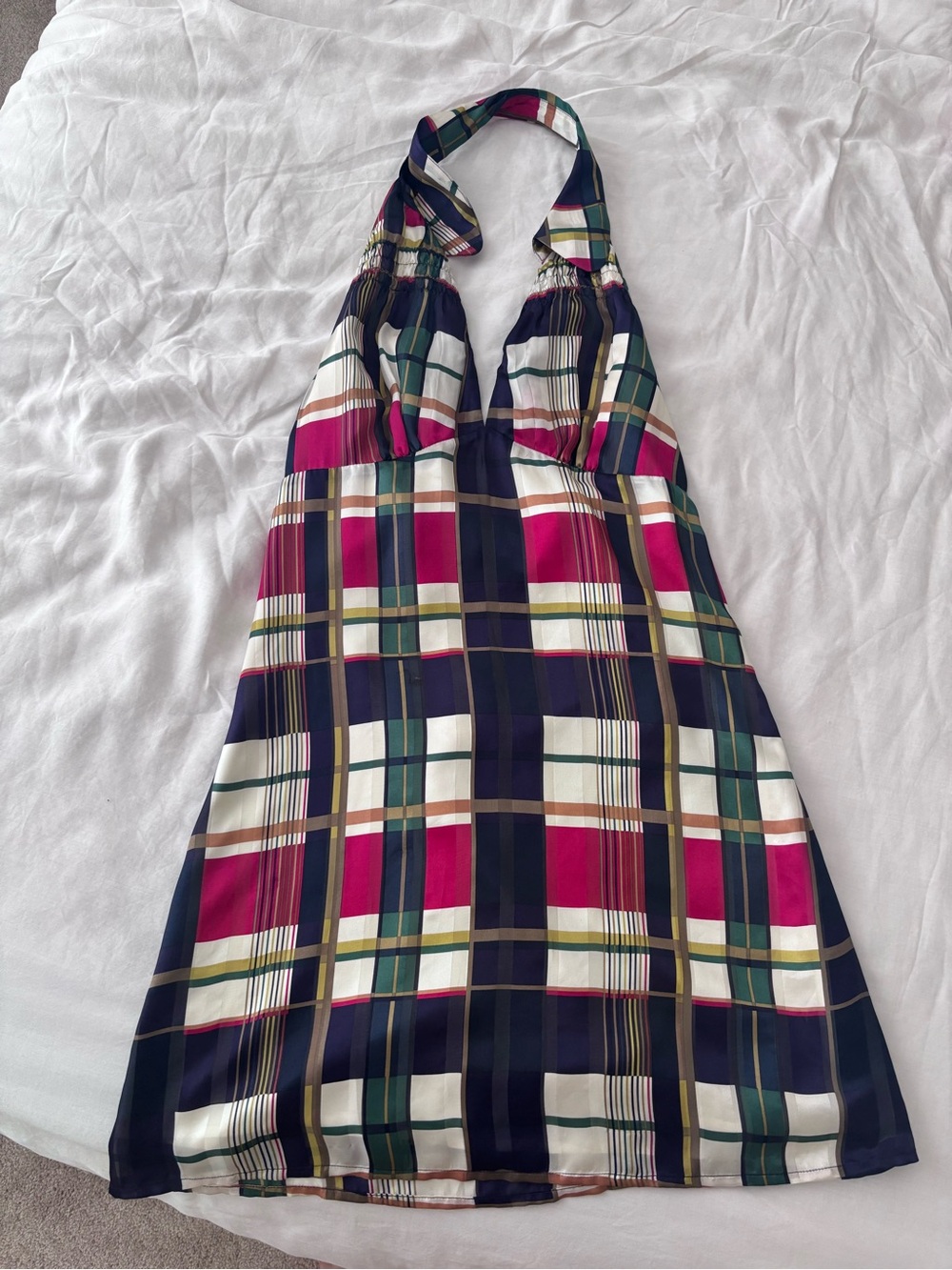 Plaid Halter Mini Dress in Navy, Red/Pink & Green